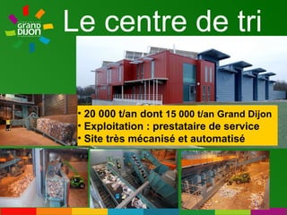 Le centre de tri  20 000 t/an dont  15 000 t/an Grand Dijon Exploitation : prestataire de service Site très mécanisé et automatisé 