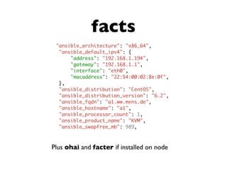 facts
Plus ohai and facter if installed on node
"ansible_architecture": "x86_64",
"ansible_default_ipv4": {
"address": "192.168.1.194",
"gateway": "192.168.1.1",
"interface": "eth0",
"macaddress": "22:54:00:02:8e:0f",
},
"ansible_distribution": "CentOS",
"ansible_distribution_version": "6.2",
"ansible_fqdn": "a1.ww.mens.de",
"ansible_hostname": "a1",
"ansible_processor_count": 1,
"ansible_product_name": "KVM",
"ansible_swapfree_mb": 989,
 