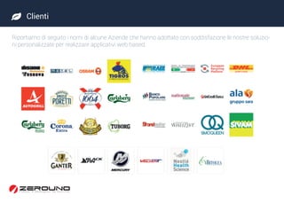  Clienti
Riportiamo di seguito i nomi di alcune Aziende che hanno adottato con soddisfazione le nostre soluzio-
ni personalizzate per realizzare applicativi web based.
 