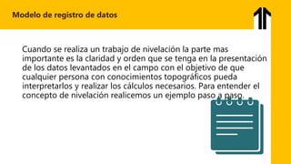 Cuando se realiza un trabajo de nivelación la parte mas
importante es la claridad y orden que se tenga en la presentación
de los datos levantados en el campo con el objetivo de que
cualquier persona con conocimientos topográficos pueda
interpretarlos y realizar los cálculos necesarios. Para entender el
concepto de nivelación realicemos un ejemplo paso a paso.
Modelo de registro de datos
 