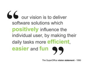 our vision is to deliver
software solutions which
positively influence the
individual user, by making their
daily tasks more efficient,
easier and fun
The SuperOffice vision statement - 1990
 