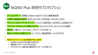| ©2020 F518 CONFIDENTIAL
NGINX Plus 商用サブスクリプション
• テクニカルサポート 受賞歴 (Steve Gold 9.7/10) 顧客満足度
• 定期的な機能追加更新 安定したサイクル (年約3回, 4月,9月,12月)
• F5でテストされたソフトウェアバイナリ コミュニティ実証済み, NGINXによる追加テスト
• プロアクティブなセキュリティ更新プログラム セキュリティパッチ, ホットフィックスの提供
• 機密性 公開フォーラムではなく、プライベートでのサポート
• 製品の方向性に影響を与える ロードマップ, 製品開発チームへのアクセス
• 商用サブスクリプションの有効期限が切れた場合
• NGINX Plusは正常に動作し続けます.
• 最新版アップデートが不可となります.
• サブスクリプション更新後は最新版アップデートが可能です.
 