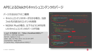 | ©2020 F522 CONFIDENTIAL
APIによるDiskからキャッシュコンテンツのパージ
パージ方法は以下の二種類
• キャッシュコンテンツのキーが分かる場合、当該
フォルダより該当のコンテンツを削除
• NGINX Plusの場合、以下のようにAPIを用
いたキャッシュコンテンツのパージが可能
$ curl -X PURGE -D – "http://localhost:8001/*"
HTTP/1.1 204 No Content
Server: nginx/1.5.12
Date: Sat, 03 May 2014 16:33:04 GMT
Connection: keep-alive
X-Cache-Key: httplocalhost:8002/*
MethodがPURGEの場合
$purge_methodに値をセット
(下の処理で値が上書きされる)
送信元IPアドレスに応じた値を
$purge_allowedにセット
MethodがPURGEの場合
$purge_methodに
$purge_allowedの値をセット
 