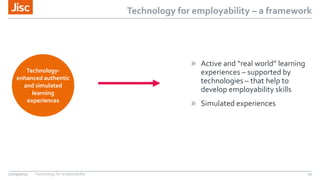 Technology for employability – a framework
» Active and “real world” learning
experiences – supported by
technologies – that help to
develop employability skills
» Simulated experiences
22
Technology-
enhanced authentic
and simulated
learning
experiences
27/05/2015 Technology for employability
 