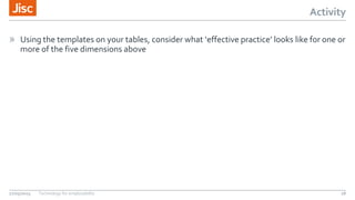 Activity
» Using the templates on your tables, consider what ‘effective practice’ looks like for one or
more of the five dimensions above
27/05/2015 Technology for employability 28
 