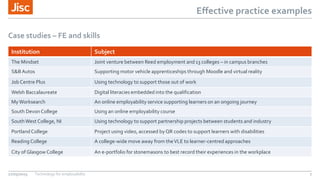 Effective practice examples
27/05/2015 Technology for employability 7
Case studies – FE and skills
Institution Subject
The Mindset Joint venture between Reed employment and 13 colleges – in campus branches
S&B Autos Supporting motor vehicle apprenticeships through Moodle and virtual reality
Job Centre Plus Using technology to support those out of work
Welsh Baccalaureate Digital literacies embedded into the qualification
MyWorksearch An online employability service supporting learners on an ongoing journey
South Devon College Using an online employability course
SouthWest College, NI Using technology to support partnership projects between students and industry
PortlandCollege Project using video, accessed byQR codes to support learners with disabilities
Reading College A college-wide move away from theVLE to learner-centred approaches
City of Glasgow College An e-portfolio for stonemasons to best record their experiences in the workplace
 