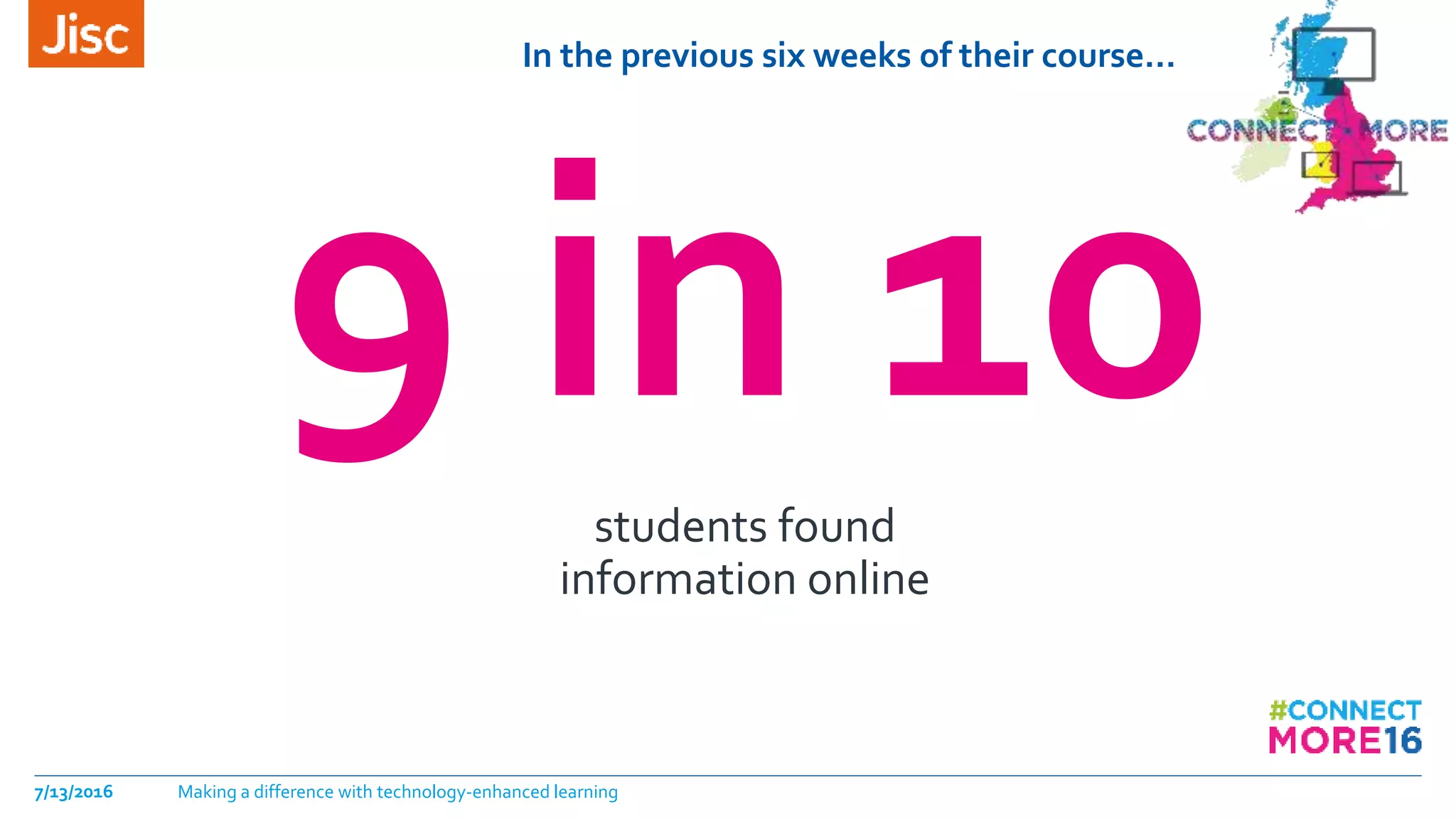 In the previous six weeks of their course…
7/13/2016 Making a difference with technology-enhanced learning
9 in 10students found
information online
 