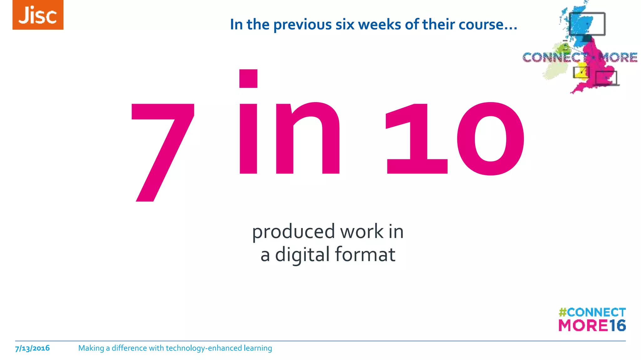 In the previous six weeks of their course…
7/13/2016 Making a difference with technology-enhanced learning
7 in 10produced work in
a digital format
 