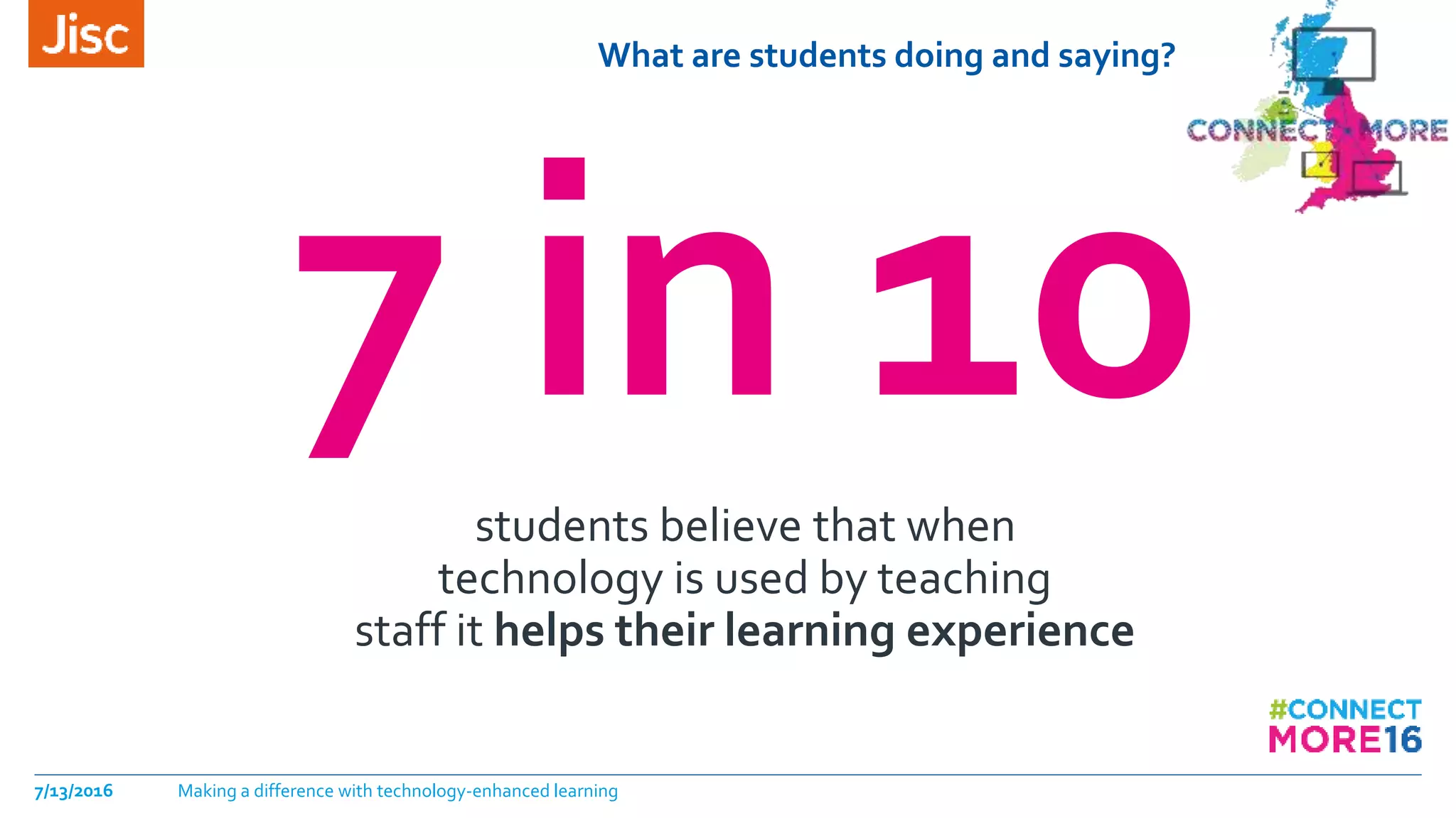 What are students doing and saying?
7/13/2016 Making a difference with technology-enhanced learning
7 in 10students believe that when
technology is used by teaching
staff it helps their learning experience
 