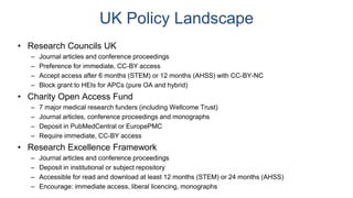 UK Policy Landscape
• Research Councils UK
– Journal articles and conference proceedings
– Preference for immediate, CC-BY...