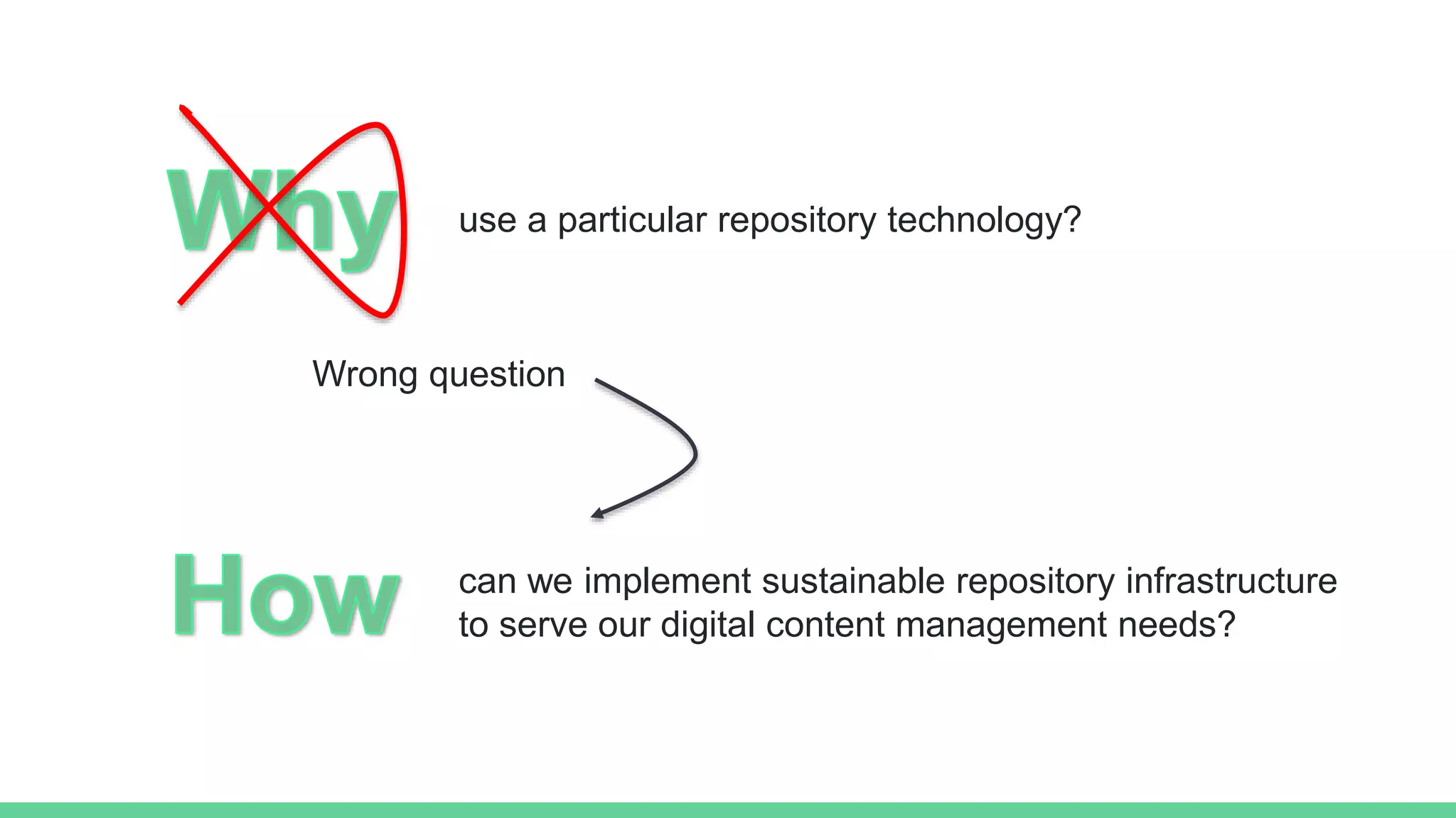 use a particular repository technology?
Wrong question
can we implement sustainable repository infrastructure
to serve our digital content management needs?
 