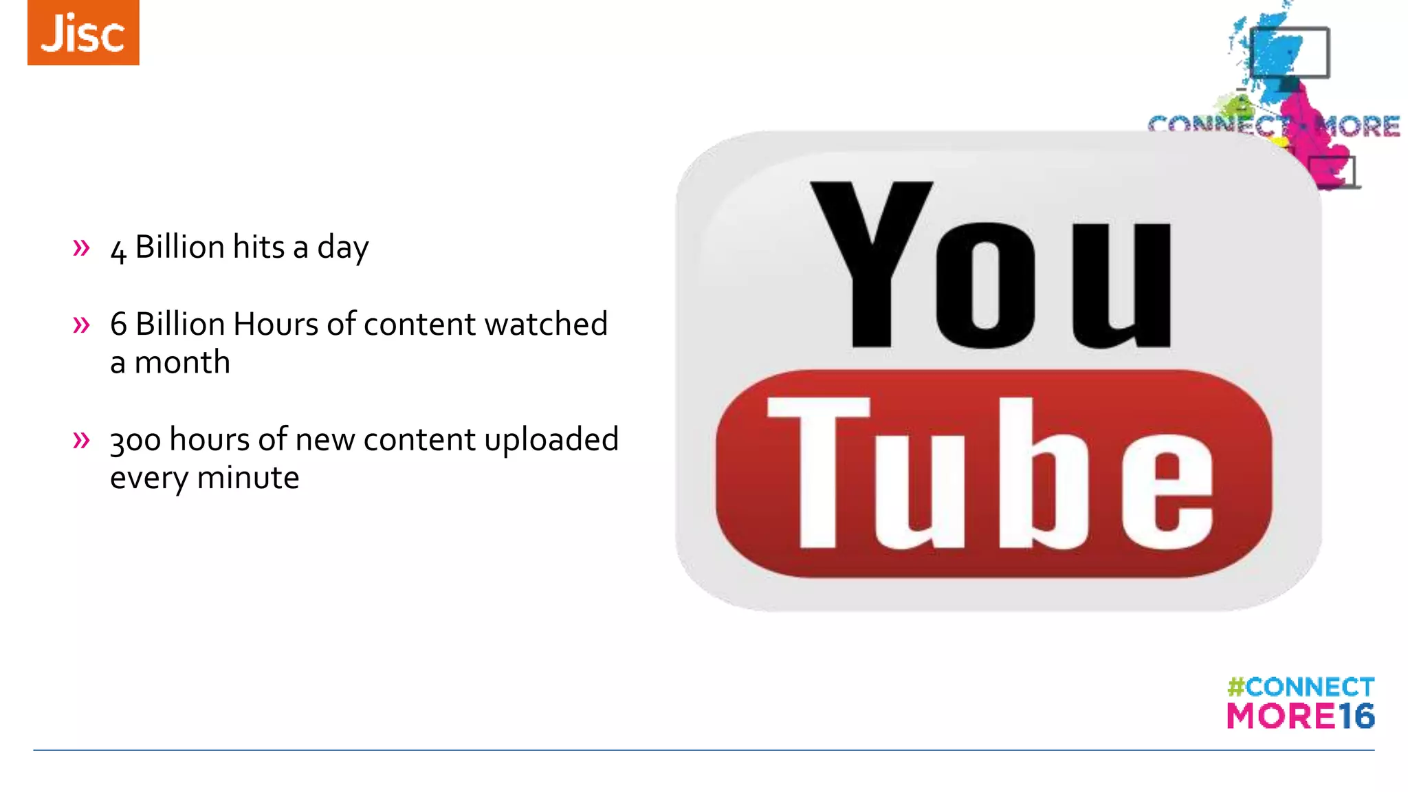 YO U T U B E
» 4 Billion hits a day
» 6 Billion Hours of content watched
a month
» 300 hours of new content uploaded
every minute
 