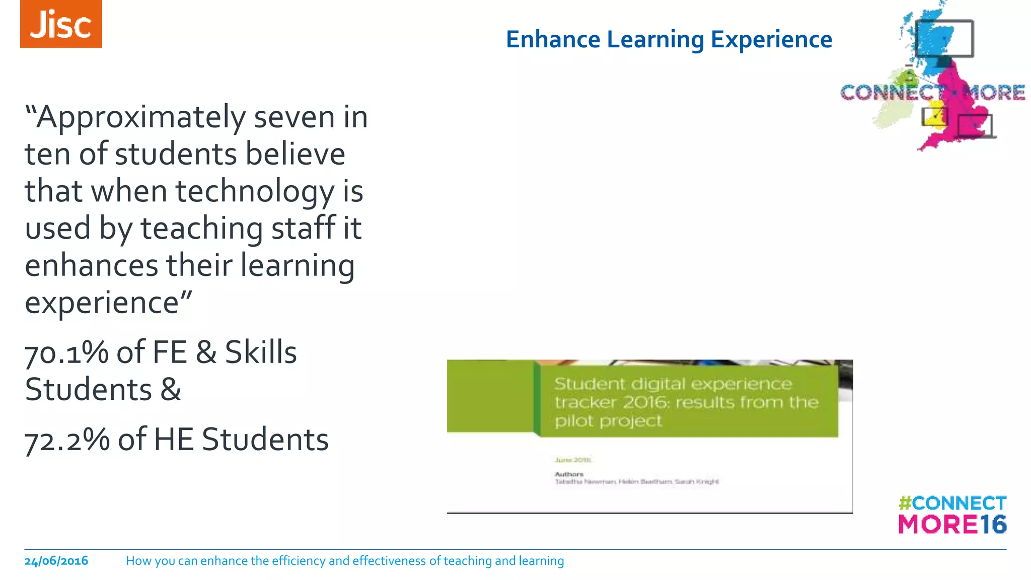 Enhance Learning Experience
“Approximately seven in
ten of students believe
that when technology is
used by teaching staff it
enhances their learning
experience”
70.1% of FE & Skills
Students &
72.2% of HE Students
24/06/2016 How you can enhance the efficiency and effectiveness of teaching and learning
 