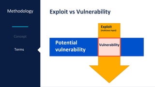 Methodology Exploit vs Vulnerability
Terms
Potential
vulnerability
Vulnerability
Exploit
(malicious input)
 