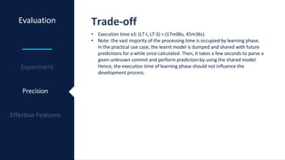 Evaluation Trade-off
• Execution time x3: (LT-I, LT-S) = (17m06s, 45m36s)
• Note: the vast majority of the processing time is occupied by learning phase.
In the practical use case, the learnt model is dumped and shared with future
predictions for a while once calculated. Then, it takes a few seconds to parse a
given unknown commit and perform prediction by using the shared model.
Hence, the execution time of learning phase should not influence the
development process.
Precision
 