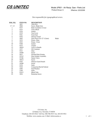 CS UNITEC                                               Model JP901 - Air Recip. Saw - Parts List
                                                         Product Group: A         Effective: 2/22/2006



                             Not responsible for typographical errors.

 POS. NO.   ITEM NO.       DESCRIPTION
            AK3            Allen Key
  17 + 25   5068           Screw, Blade Grip
     1      9337           Body Complete w/Liner
     2      9335           Valve Block
     3      9336           Gasket
     4      9339           Top Cover
     5      9341           Front End
     6      9342           Silencer Guard
     7      5045           Nose Pieces for 12" (12mm)         Blade
     8      2253           Piston - Rear
     9      2252           Piston - Front
    10      9340           Gasket
    11      9333           Trigger
    12      50034          Valve in Handle
    13      2257           Oil Container
    14      9332           Oiler
    15      54500          Screw
    16      W55            Serrated Disk Washer
    18      9331C          Hose Isolator Assembly
    19      9334L          Starter Valve
    20      50412          Screw
    21      9343           Silencer Guard Steady
    22      54200          Screw
    23      9338           Seals
    24      9344           Connecting Rod & Pedistal
    26      5206           Seal Washers
    27      5108           Seals
    28      93412          Bleed Tube
    29      5056           Retaining Screw




                                     CS Unitec, Inc.
                              22 Harbor Ave, Norwalk, CT 06850
              Telephone: 203-853-9522 Toll Free: 800-700-5919 Fax: 203-853-9921
                     WebSite: www.csunitec.com E-Mail: info@csunitec.co                                  1   of 1
 