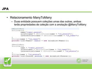 JPARelacionamento ManyToManyDuas entidade possuem coleções umas das outras, ambas terão propriedades de coleção com a anotação @ManyToMany