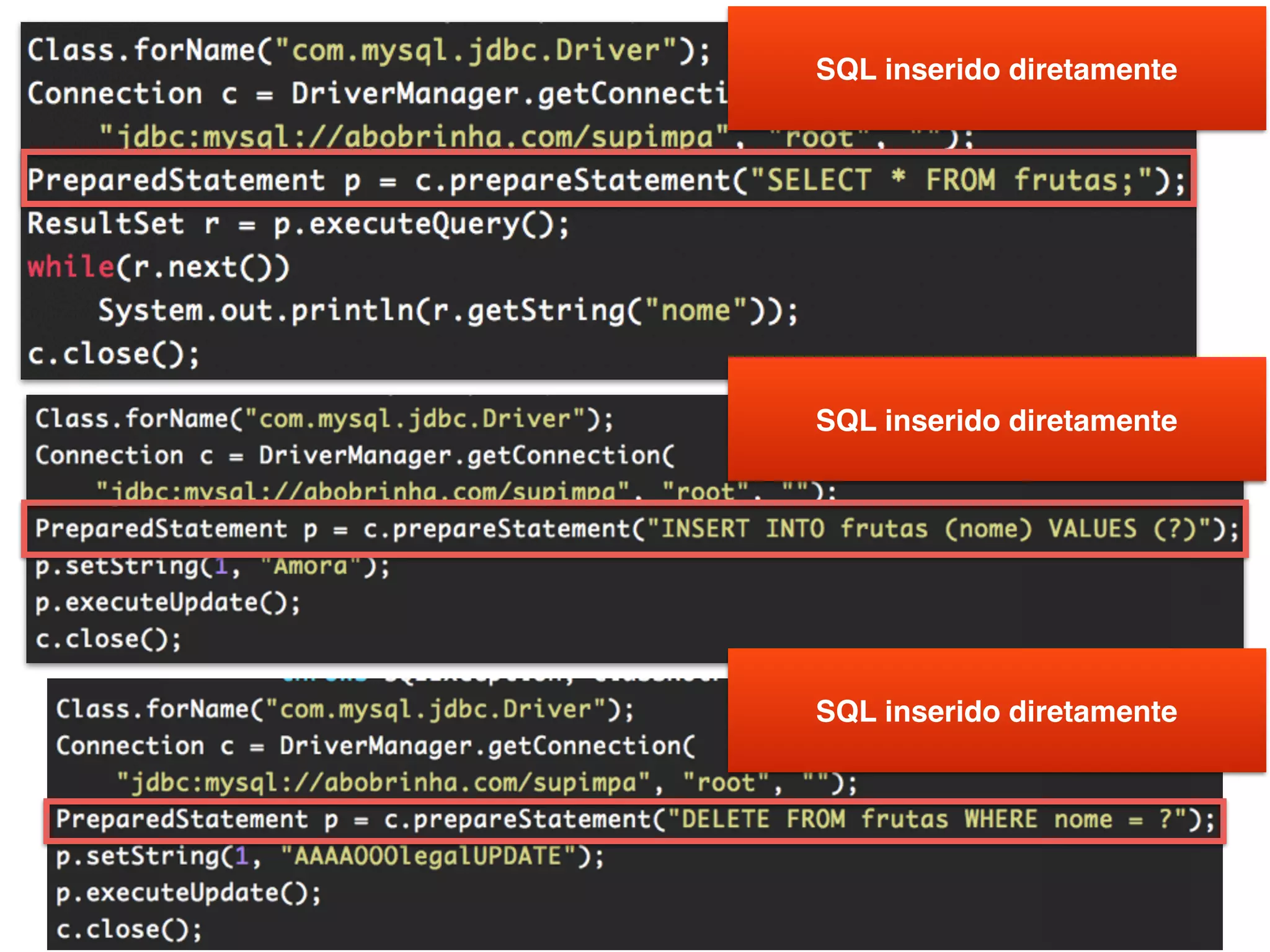 4
SQL inserido diretamente
SQL inserido diretamente
SQL inserido diretamente
 