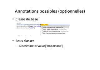 Annotations possibles (optionnelles)
• Classe de base
• Sous classes
– DiscriminatorValue("Important")
 
