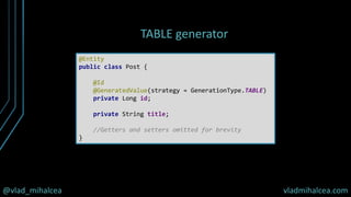 @vlad_mihalcea vladmihalcea.com
TABLE generator
@Entity
public class Post {
@Id
@GeneratedValue(strategy = GenerationType....
