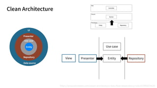 Clean Architecture
https://proandroiddev.com/clean-architecture-data-flow-dependency-rule-615ffdd79e29
View Presenter
Use case
Entity Repository
 
