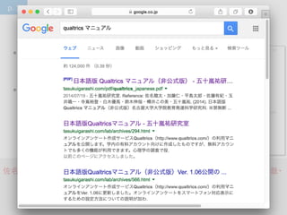 A-5
ձZQualtricsޥ˥奢
?ǹʽޥ˥奢
?byʮvS
?TWSYϤϡձ
ZQualtricsޥ˥奢
루ǹʽ棩 Ver.
1.06Ԫ
̫??ƽu̫?мo?Sһ?ԣ?ľR?ľ?
׾?ʮv (2014). ձZQualtricsޥ˥奢루ǹʽ棩
Ver. 1.06 ݴѧѧԺk_ѧо
http://tasukuigarashi.com/pdf/qualtrics_japanese.pdf
p. 1
饤ݤȌꤹ
ޥ˥奢Υک`
 