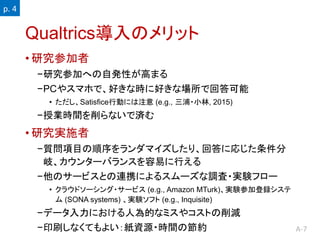A-7
QualtricsΥå
? оμ
?оμӤؤ԰kԤߤޤ
?PC䥹ޥۤǡäʕr˺äʈǻش
? SatisficeЄӤˤע (e.g., ?С, 2015)
?ژIrgʤǜg
? оgʩ
?|Ŀޥꡢشˏꤸ
᪡󥿩`Х󥹤פФ
?Υ`ӥȤBЯˤ륹`{?gYե`
? 饦ɥ`?`ӥ (e.g., Amazon MTurk)gYμӵh
 (SONA systems) gYե (e.g., Inquisite)
?ǩ`ˤ˞Ĥʥߥ䥳Ȥp
?ӡˢʤƤ褤YԴ?rgιs
p. 4
 