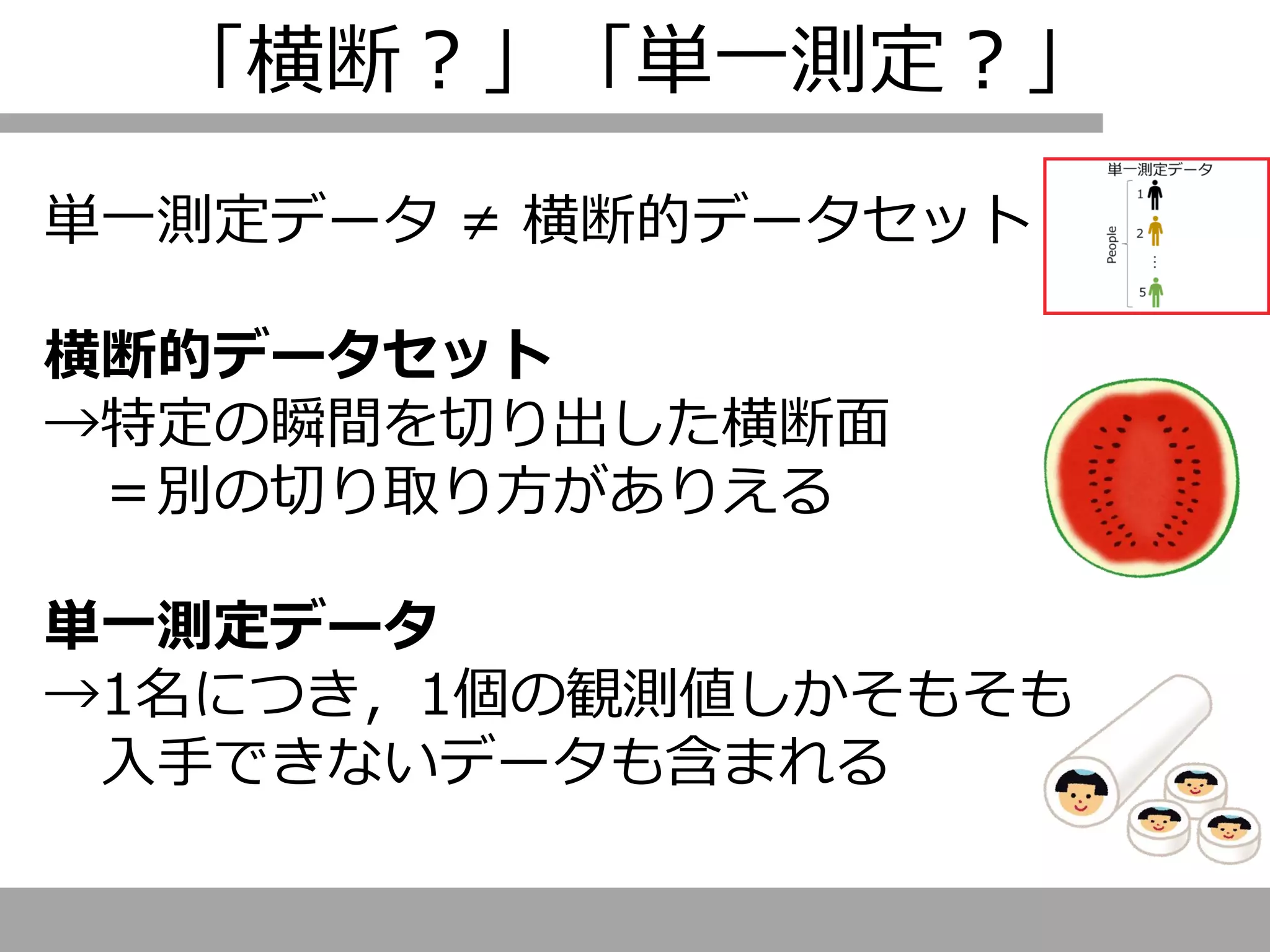 「横断？」「単一測定？」
単一測定データ ≠ 横断的データセット
横断的データセット
→特定の瞬間を切り出した横断面
＝別の切り取り方がありえる
単一測定データ
→1名につき，1個の観測値しかそもそも
入手できないデータも含まれる
 