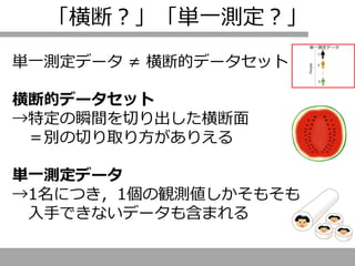 「横断？」「単一測定？」
単一測定データ ≠ 横断的データセット
横断的データセット
→特定の瞬間を切り出した横断面
＝別の切り取り方がありえる
単一測定データ
→1名につき，1個の観測値しかそもそも
入手できないデータも含まれる
 