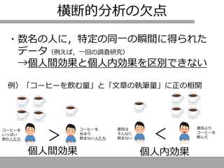 横断的分析の欠点
・数名の人に，特定の同一の瞬間に得られた
データ（例えば，一回の調査研究）
→個人間効果と個人内効果を区別できない
例）「コーヒーを飲む量」と「文章の執筆量」に正の相関
＞
個人間効果
＞
コーヒーを
いっぱい
飲む人たち
コーヒーを
あまり
飲まない人たち
普段は
そんなに
飲まない
普段より
コーヒーを
飲んだ
個人内効果
 