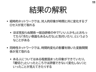 結果の解釈
• 経時的ネットワークでは，対人的印象が時間と共に変化するプ
ロセスが見て取れる
• ほぼ見知らぬ関係→宿泊研修の中で「いい人かも」とおもっ
てたら「冷たい側面もあるんだな」と気付いたり，というよう
なことがある
• 同時性ネットワークでは，時間的変化の影響を除いた変数間関
係が見て取れる
• ある人についてはある程度固まった印象ができていたり，
「親切さ」といったところでは評価できない（変化しない）と
いったことが見えてきたりする
11
 