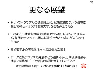 更なる展望
• ネットワークモデルの延長線上に，状態空間モデルや仮想空
間上でのモデリング（表象力学）などもみえてくる
• これまでの社会心理学で「時間」や「空間」を扱うことは少な
く，集団力学いっても個人心理学と大きな違いがみられな
かった
• 分析モデルの可能性は本人の想像力次第！
• データ収集デバイスの発展なども踏まえると，今後は社会心
理学×時系列データの研究事例も増えていくだろう
13
社会心理学の時系列データ分析への冒険は始まったばかりだ！
完
 