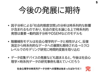 今後の発展に期待
• 因子分析による「社会的態度空間」の分析は時系列的な影響
が含まれるものであり，社会の変化を論じる上で時系列的
発想は重要→動的因子分析やDSEMなどのモデルも
• 階層線形モデルは社会心理学的データと相性がよく，反復
測定から時系列的なデータへの展開も期待される→ミクロ
レベルでのモデリング研究に時間的変数を取り込む
• データ収集デバイスの発展なども踏まえると，今後は社会心
理学×時系列データの研究事例も増えていくだろう
5
社会心理学の時系列データ分析への冒険は始まったばかりだ！
完
 