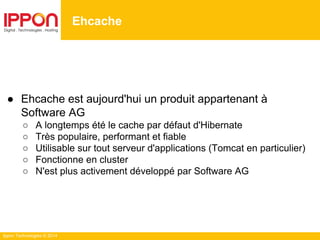 Ippon Technologies © 2014
Ehcache
● Ehcache est aujourd'hui un produit appartenant à
Software AG
○ A longtemps été le cache par défaut d'Hibernate
○ Très populaire, performant et fiable
○ Utilisable sur tout serveur d'applications (Tomcat en particulier)
○ Fonctionne en cluster
○ N'est plus activement développé par Software AG
 