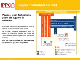 Ippon Technologies © 2014
Ippon Formation en bref
Pourquoi Ippon Technologies
publie ses supports de
formation ?
Car Ippon participe à la communauté Java et
Web et soutien le modèle open-source
Le support théorique représente 40% du
temps de formation, l'intérêt est dans les
Travaux Pratiques et l'expert Ippon qui assure
le cours.
Nos TP sont dispensés lors des sessions
de formations que nous proposons.
 