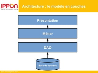 Ippon Technologies © 2014
Architecture : le modèle en couches
Présentation
Métier
DAO
Base de données
 