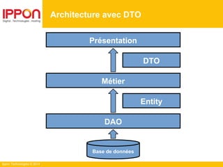 Ippon Technologies © 2014
Architecture avec DTO
Présentation
Métier
DAO
Base de données
Entity
DTO
 