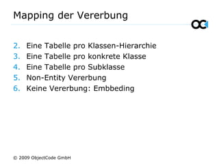 Mapping der Vererbung
2. Eine Tabelle pro Klassen-Hierarchie
3. Eine Tabelle pro konkrete Klasse
4. Eine Tabelle pro Subklasse
5. Non-Entity Vererbung
6. Keine Vererbung: Embbeding
© 2009 ObjectCode GmbH
 