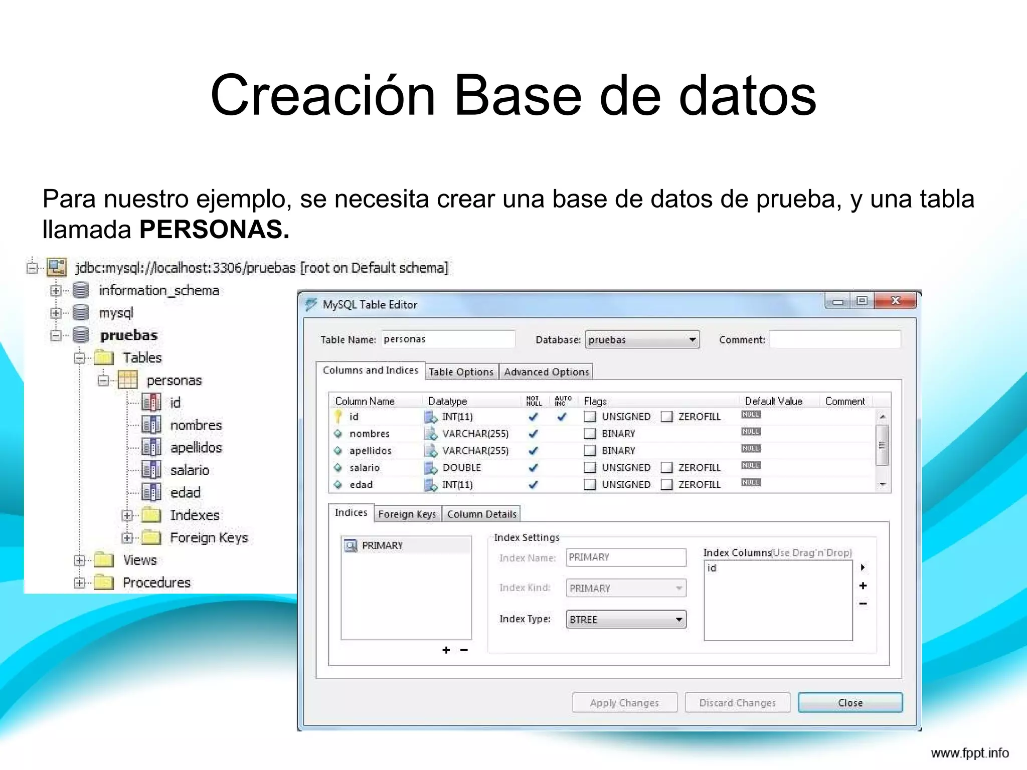 Creación Base de datos Para nuestro ejemplo, se necesita crear una base de datos de prueba, y una tabla llamada  PERSONAS. 