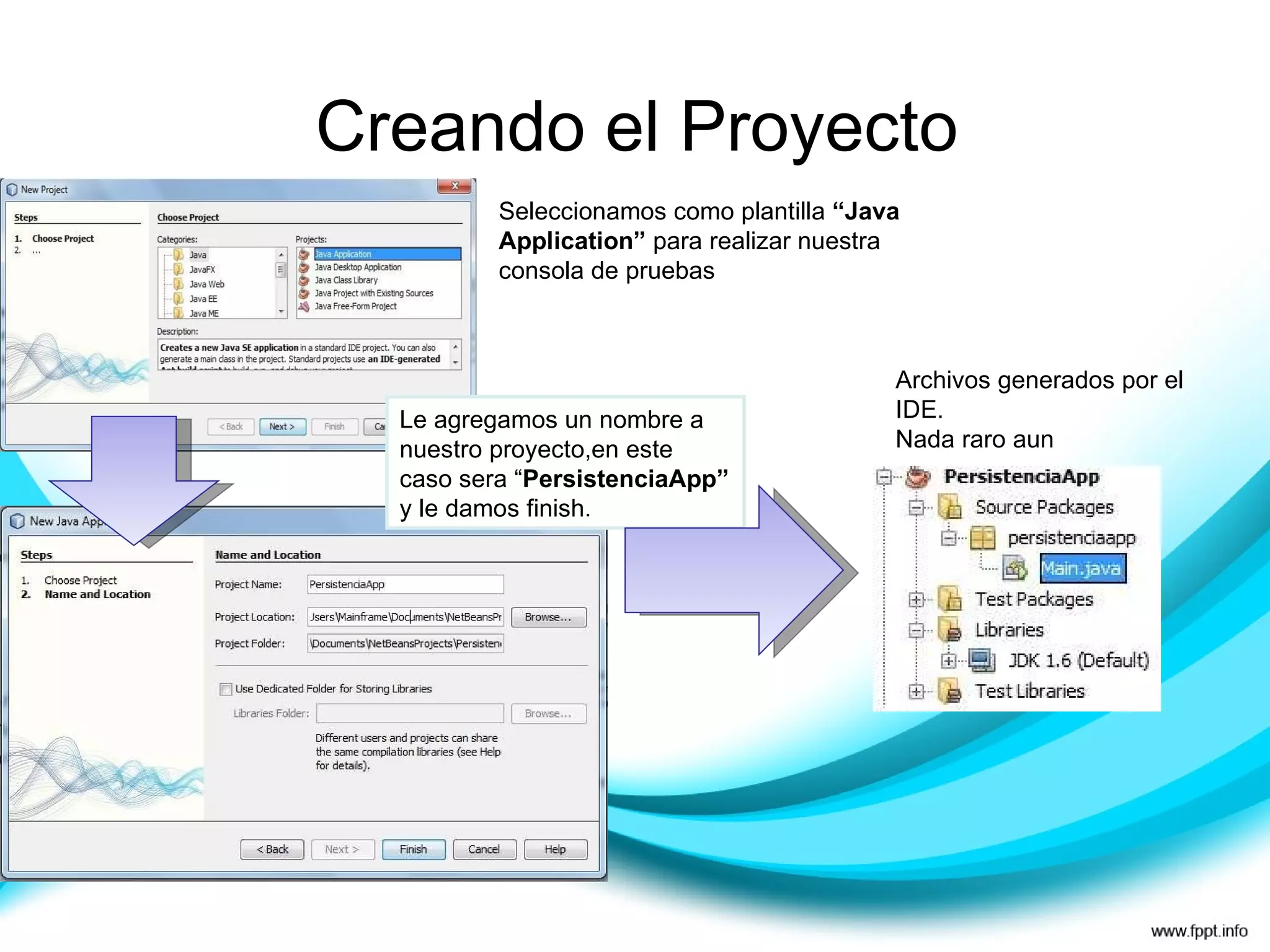 Creando el Proyecto Seleccionamos como plantilla  “Java Application”  para realizar nuestra consola de pruebas Le agregamos un nombre a nuestro proyecto,en este caso sera “ PersistenciaApp”  y le damos finish. Archivos generados por el IDE. Nada raro aun 