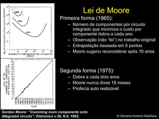 Lei de Moore
                                 Primeira forma (1965):
                                     – Número de componentes por circuito
                                       integrado que minimiza o custo por
                                       componente dobra a cada ano
                                     – Observação (não “lei”) no trabalho original
                                     – Extrapolação baseada em 5 pontos
                                     – Moore sugeriu reconsiderar após 10 anos



                                 Segunda forma (1975):
                                     – Dobra a cada dois anos
                                     – Moore nunca disse 18 meses
                                     – Profecia auto realizável




Gordon Moore: “Cramming more components onto
integrated circuits”, Eletronics v.38, N.8, 1965;
 31                                                           III Semana Inverno Geofísica
 