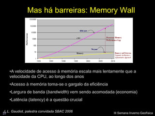 Mas há barreiras: Memory Wall




    •A velocidade de acesso à memória escala mais lentamente que a
    velocidade da CPU, ao longo dos anos
    •Acesso à memória torna-se o gargalo da eficiência
    •Largura de banda (bandwidth) vem sendo acomodada (economia)
    •Latência (latency) é a questão crucial

J. L. Gaudiot, palestra convidada SBAC 2006              III Semana Inverno Geofísica
37
 