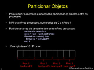Particionar Objetos
     • Para reduzir a memória é necessário particionar os objetos entre os
       processos

     • MPI cria nProc processos, numerados de 0 a nProc-1

     • Particionar array de tamanho tam entre nProc processos:
                    tamLocal = tam/nProc
                    resto = tam – tamLocal*nProc
                    If (esteProc < resto) then
                       tamLocal = tamLocal+1
                    end if

     •   Exemplo tam=10 nProc=4




                   Proc 0         Proc 1     Proc 2     Proc 3
                 tamLocal 3     tamLocal 3 tamLocal 2 tamLocal 2
13
                                                          III Semana Inverno Geofísica
 