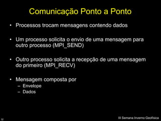 Comunicação Ponto a Ponto
     • Processos trocam mensagens contendo dados

     • Um processo solicita o envio de uma mensagem para
       outro processo (MPI_SEND)

     • Outro processo solicita a recepção de uma mensagem
       do primeiro (MPI_RECV)

     • Mensagem composta por
        – Envelope
        – Dados




32
                                              III Semana Inverno Geofísica
 