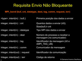 Requisita Envio Não Bloqueante
     MPI_Isend (buf, cnt, datatype, dest, tag, comm, request, ierr)

<type>, intent(in) :: buf(:)      Primeira posição dos dados a enviar

integer, intent(in) :: cnt        Quantos dados a enviar (≥0);
                                  Size(buf) ≥ cnt
integer, intent(in) :: datatype   Tipo MPI dos dados a enviar

integer, intent(in) :: dest       Número do processo a receber a
                                  mensagem (no comunicador)
integer, intent(in) :: tag        Identificador da mensagem (≥0 e
                                  ≤MPI_TAG_UB)
integer, intent(in) :: comm       Comunicador da mensagem

integer, intent(out) :: request   Identificador da comunicação

Integer, intent(out) :: ierr      Código de retorno
65
                                                         III Semana Inverno Geofísica
 