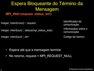 Espera Bloqueante do Término da
                    Mensagem
     MPI_Wait (request, status, ierr)

                                                  Identificador da
integer, intent(inout) :: request
                                                  comunicação
                                                  Informações sobre a
integer, intent(out) :: status(mpi_status_size)
                                                  comunicação
integer, intent(out) :: ierr                      Código de retorno




     • Espera até que a mensagem termine
     • No retorno, request = MPI_REQUEST_NULL



67
                                                      III Semana Inverno Geofísica
 