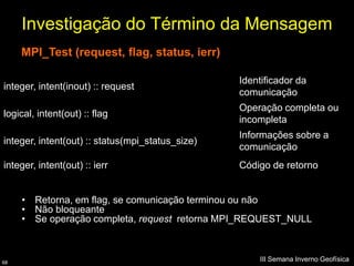 Investigação do Término da Mensagem
     MPI_Test (request, flag, status, ierr)

                                                  Identificador da
integer, intent(inout) :: request
                                                  comunicação
                                                  Operação completa ou
logical, intent(out) :: flag
                                                  incompleta
                                                  Informações sobre a
integer, intent(out) :: status(mpi_status_size)
                                                  comunicação
integer, intent(out) :: ierr                      Código de retorno


     • Retorna, em flag, se comunicação terminou ou não
     • Não bloqueante
     • Se operação completa, request retorna MPI_REQUEST_NULL



68
                                                      III Semana Inverno Geofísica
 