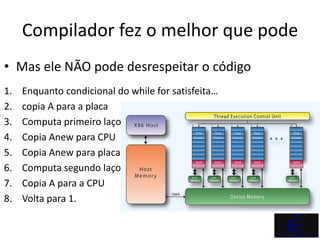 Compilador fez o melhor que pode
• Mas ele NÃO pode desrespeitar o código
1.   Enquanto condicional do while for satisfeita…
2.   copia A para a placa
3.   Computa primeiro laço
4.   Copia Anew para CPU
5.   Copia Anew para placa
6.   Computa segundo laço
7.   Copia A para a CPU
8.   Volta para 1.
 