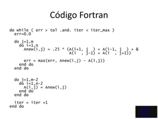Código Fortran
do while ( err > tol .and. iter < iter_max )
  err=0.0
 do j=1,m
   do i=1,n
     Anew(i,j) = .25 * (A(i+1, j ) + A(i-1, j ) + &
                        A(i , j-1) + A(i , j+1))
     err = max(err, Anew(i,j) - A(i,j))
   end do
 end do

 do j=1,m-2
   do i=1,n-2
     A(i,j) = Anew(i,j)
   end do
 end do
  iter = iter +1
end do
 