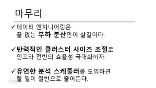 마무리
 데이터 엔지니어링은
끝 없는 부하 분산만이 살길이다.
탄력적인 클러스터 사이즈 조절로
인프라 전반의 효율성 극대화하자.
유연한 분석 스케줄러를 도입하면
할 일이 절반으로 줄어든다.
 